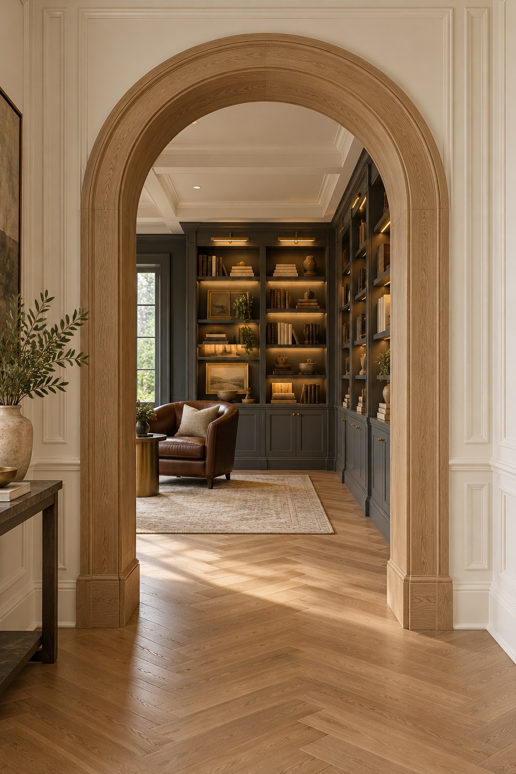 Custom design concept of an oak-trimmed elliptical archway opening into a warm home library